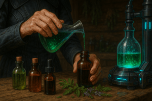 A person pouring a green liquid from a flask into a small brown bottle, surrounded by various bottles of different colors and a plant on a wooden table.
