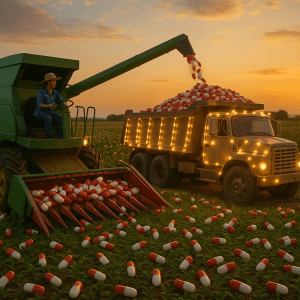 A farmer using a green harvester to unload red and white capsules into a truck adorned with lights, set in a field during sunset.