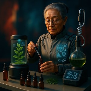 An older woman in a lab coat uses a dropper to transfer liquid into a small bottle, surrounded by laboratory equipment and plants.